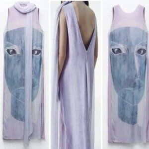 NWOT Zara Lilac Blue Face Print Midi Dress and Scarf Size Small